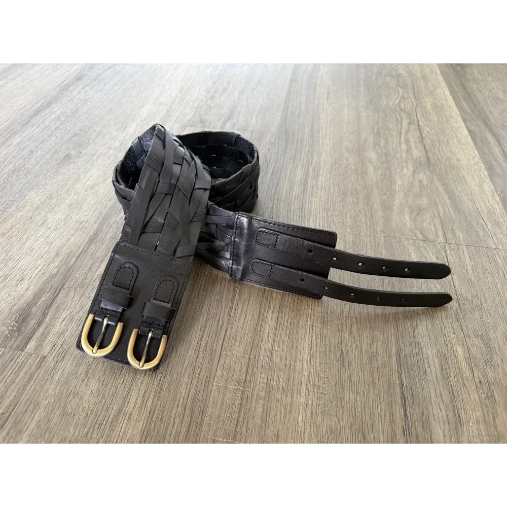 Vintage Balibelt Black Woven Leather Double Buckle Wide Belt M/L 80s 90s Boho